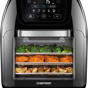 หม้อทอดไร้น้ำมันดิจิทัลอเนกประสงค์ CHEFMAN + ฟังก์ชันหมุนย่าง อบแห้ง และเตาอบลมร้อน พร้อมปุ่มสัมผัส 17 โปรแกรม ทอด อบแห้ง อบขนม ขนาดใหญ่ 10 ลิตร เหมาะสำหรับครอบครัว มีระบบตัดไฟอัตโนมัติ หน้าต่างมองเห็นขนาดใหญ่ สีดำ